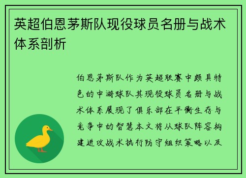 英超伯恩茅斯队现役球员名册与战术体系剖析